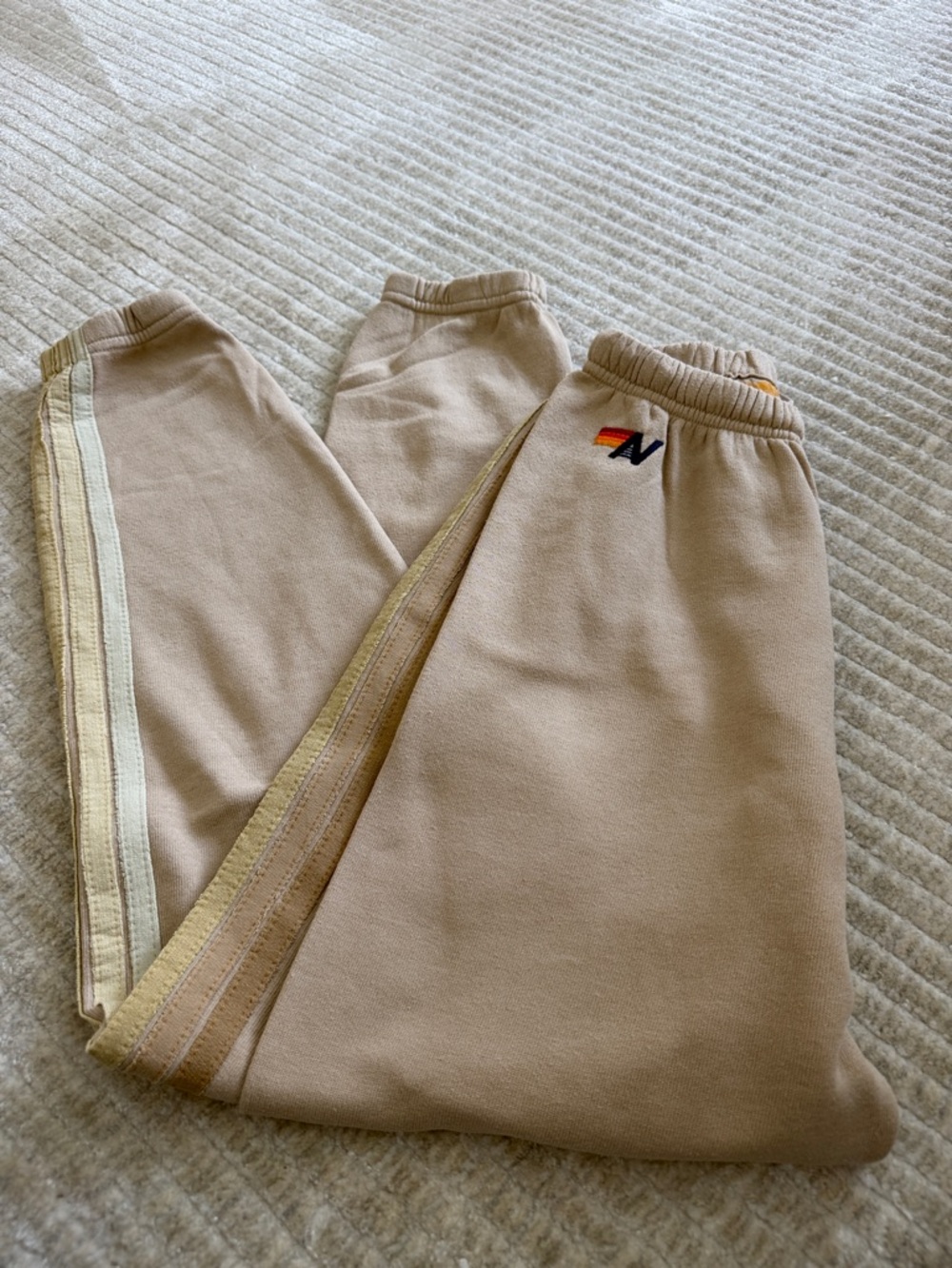 Aviator Nation Tan Sweatpants with Gold & Cream Side Stripes